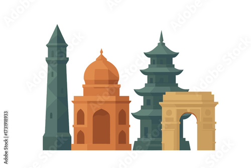Iconic Asian architectural landmarks and historical monuments representing diverse cultures and travel destinations