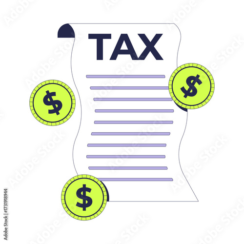 Tax document with dollar coins 2D cartoon object. Taxation form. Financial obligations. Income statement, expenses tax return isolated element flat vector clip art on white. Spot illustration