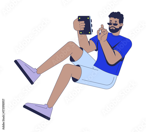 Black man using gadget buttons in relaxed pose 2D cartoon character. African american guy in casual clothes and sunglasses, interacting flat vector person isolated on white. Spot illustration colorful