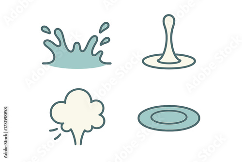 Stylized graphic elements depicting water splash steam and liquid surface effects with clean lines and soft colors