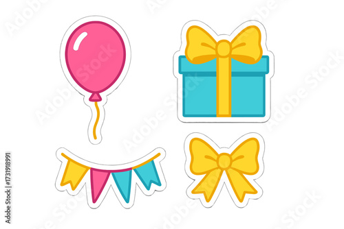Vibrant party celebration elements including a festive balloon, a beautifully wrapped gift box, colorful pennant banners, and a decorative bow for joyous occasions