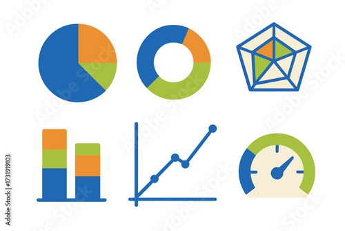 Modern infographic elements for data presentation including pie, donut, bar, line, and radar charts