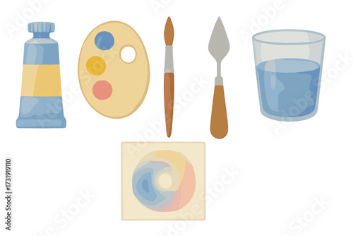 Collection of essential painting tools and art supplies: paint tube, palette, brush, knife, water, color wheel