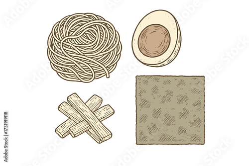 Asian noodle soup ingredients with ramen noodles, halved egg, bamboo shoots, and dried seaweed on white background