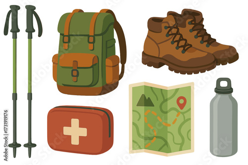 Essential hiking and outdoor adventure equipment set including backpack, boots, poles, map, first aid kit, and water bottle