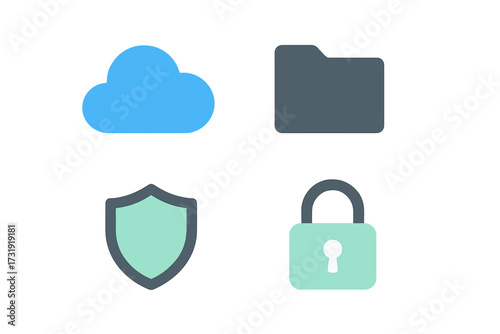 Essential digital data cloud storage folder security shield and padlock icons for web and mobile applications