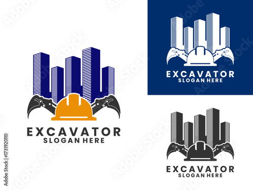 City constructions logo design. Hydraulic excavator with hat construction and building logo design vector template.
