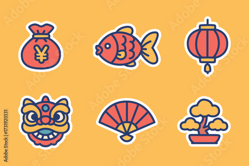 Lunar New Year Festival Illustration Set with Fish, Fan, Money Bag, Lantern and Bonsai