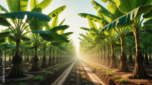 Banana Plantation Path with Sunlight - Aerial Forward Movement Through Agricultural Landscape for Food Production and Sustainable Farming Content