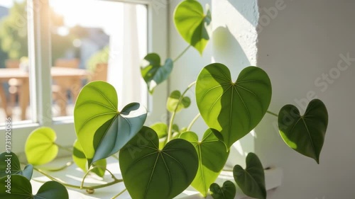 Growing House Plant on Sunny Window Sill – Green Heart-Shaped Leaves in Morning Light for Wellness, Home Decor, and Mindful Living Content