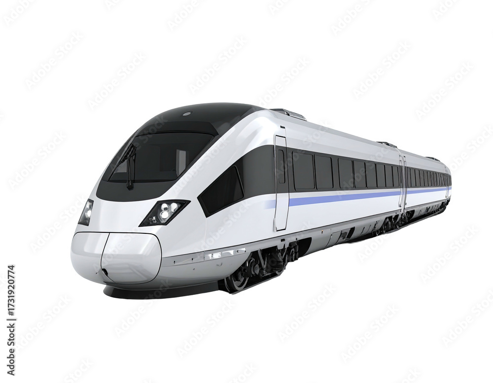 Naklejka premium Sleek, modern high-speed train in white, with blue accents, gliding on unseen tracks