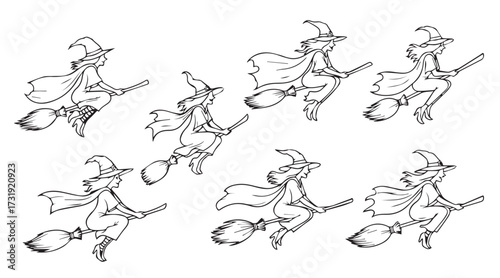 Halloween Witch flying on a broomstick vector line art