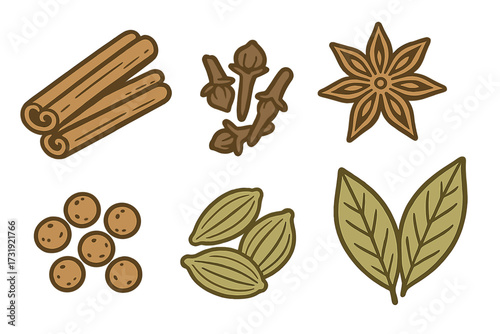 Collection of aromatic cooking spices including cinnamon, cloves, star anise, cardamom, peppercorns, and bay leaves