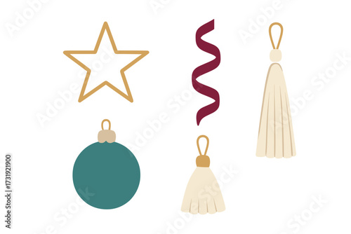 Assortment of festive holiday decorations featuring a golden star, teal ornament, burgundy ribbon, and cream tassels