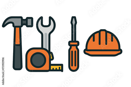 Essential construction and repair tools including a hammer, wrench, screwdriver, tape measure, and safety hard hat