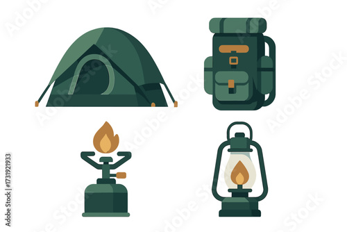 Essential camping gear set with tent, backpack, portable stove, and classic lantern for outdoor adventure and wilderness exploration