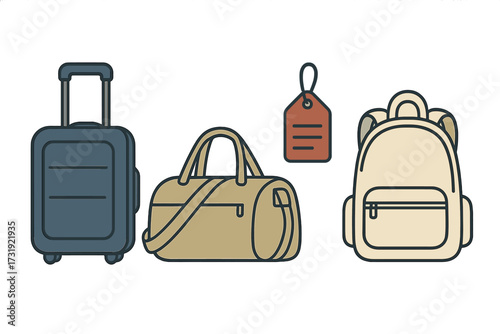 Essential travel accessories featuring a rolling suitcase duffel bag backpack and a blank luggage tag for identification