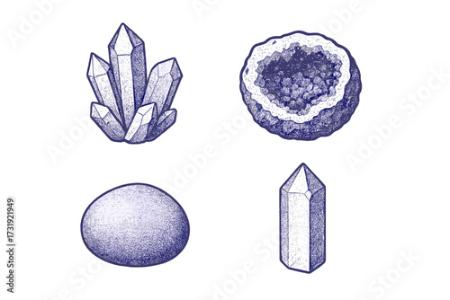 Assortment of healing crystals, raw geode cross-section, and smooth polished stones for spiritual practices and decoration