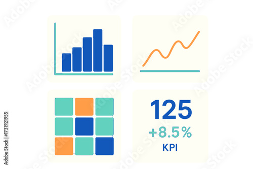 Modern business data analytics dashboard elements with bar charts, line graphs, and key performance indicators