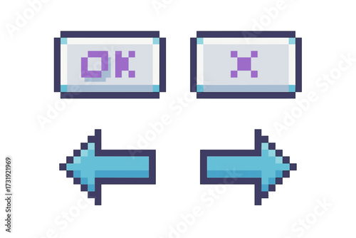 Retro pixel art style user interface elements featuring confirmation and cancel buttons with left and right directional arrows