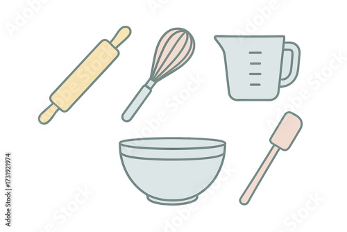 Essential kitchen baking tools and utensils set including whisk, bowl, rolling pin, measuring cup, and spatula