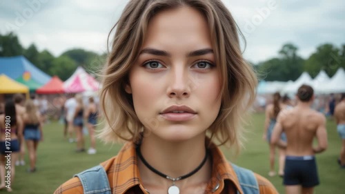 Festival Portrait Video – Young Woman with Natural Beauty at Summer Event for Lifestyle Content, Music Festival Atmosphere, and Youth Culture