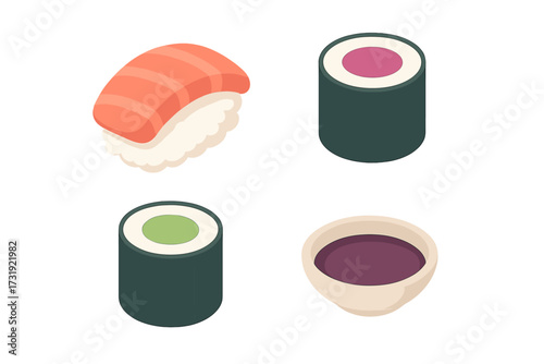 Isometric sushi and maki rolls with soy sauce bowl for traditional Japanese cuisine restaurant menu design and food delivery
