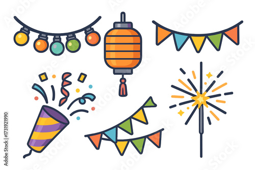 Brightly colored festive decorations for celebrations and events including string lights, confetti, and sparkler