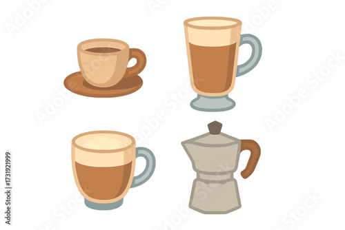 Variety of coffee cups, espresso mugs, latte glasses, and moka pot for different hot beverages and morning routines