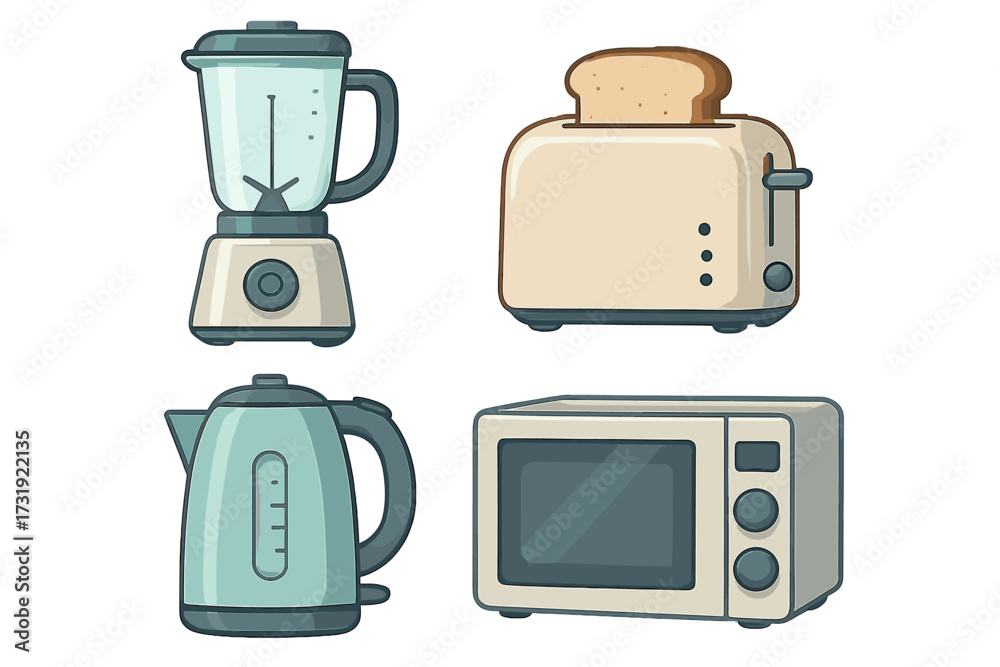 Naklejka premium Contemporary kitchen appliances set including blender, toaster, kettle, and microwave oven for modern home use