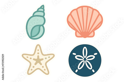 Colorful stylized marine life elements including seashells, starfish, and a sand dollar in a clean graphic style