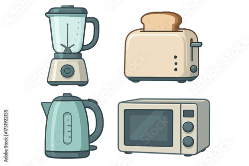 Contemporary kitchen appliances set including blender, toaster, kettle, and microwave oven for modern home use
