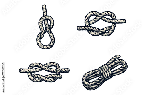 Detailed collection of various nautical rope knots, including figure eight and square knots, alongside coiled cordage for marine, sailing, and decorative themes