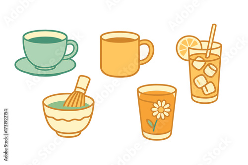 Assortment of hot and cold beverages including coffee, tea, matcha, and juice in various cups, mugs, and glasses