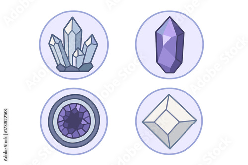 Stylized magical crystals and precious gemstone icons in a modern flat design aesthetic, a vibrant collection of mystical elements