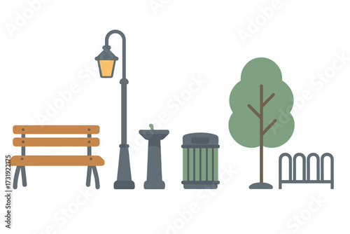 Essential outdoor public park elements including a wooden bench, street lamp, water fountain, trash bin, green tree, and bicycle rack