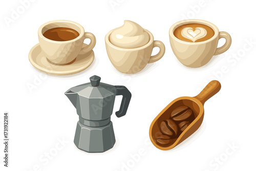 Stylized collection of popular coffee beverages including espresso, cappuccino, latte, with a classic moka pot and roasted coffee beans in a wooden scoop