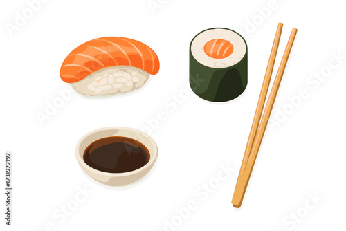 Fresh salmon sushi nigiri and maki rolls with soy sauce and wooden chopsticks on white background, traditional Japanese cuisine