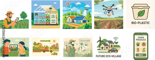 Illustrations depict smart farming, technology in agriculture, rural landscapes, and eco-friendly practices.