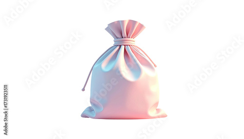 A blush pink drawstring bag, tightly cinched against a stark black background