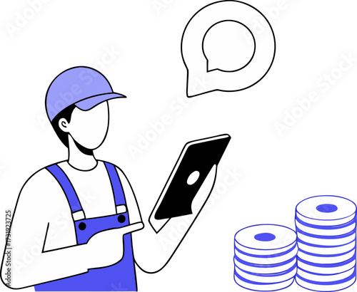 Worker using tablet with whatsapp notification and coins