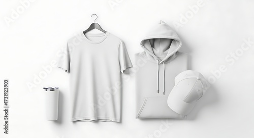 Mockup showcasing a plain white t-shirt, hoodie, ball cap and tumbler on white.