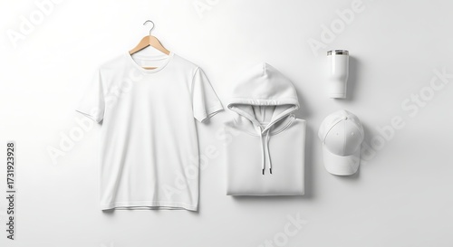 A crisp, clean minimalist mockup featuring plain white apparel and accessories laid out on a bright