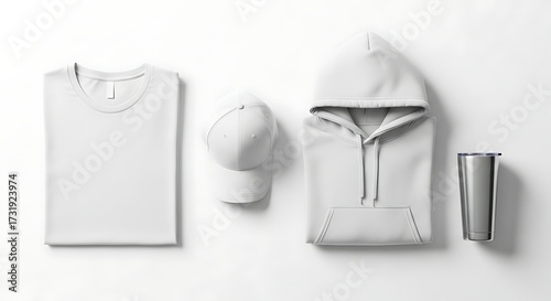 Clean and crisp flat lay mockup showcases folded apparel and drinkware items.