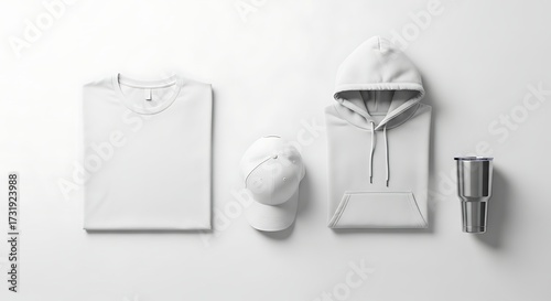 Clean, flat lay presentation of a white t-shirt, hoodie, cap, and tumbler mockup.