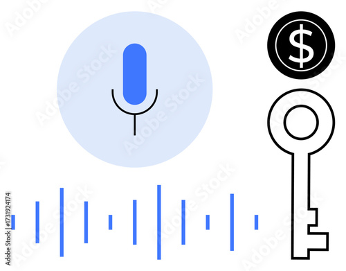 Microphone in spotlight, audio waves, key, and dollar sign representing innovation, data privacy, technology, finance, accessibility communication and creativity. Ideal for a simple flat metaphor