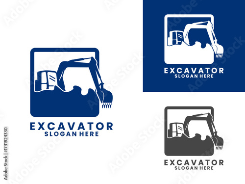 excavator design with square logo vector design template, excavator vector on a rocky mountain slope.