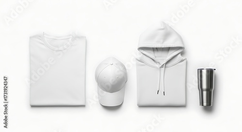 Clean and minimalist mockup features a folded t-shirt, hoodie, cap and tumbler, set against a white