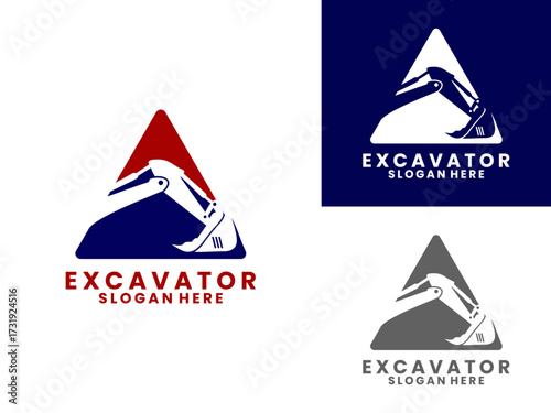 hydraulic excavator with triangle logo design vector template. Excavator business logo
