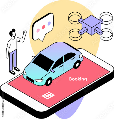 Man uses mobile app to book a car and drone delivery service